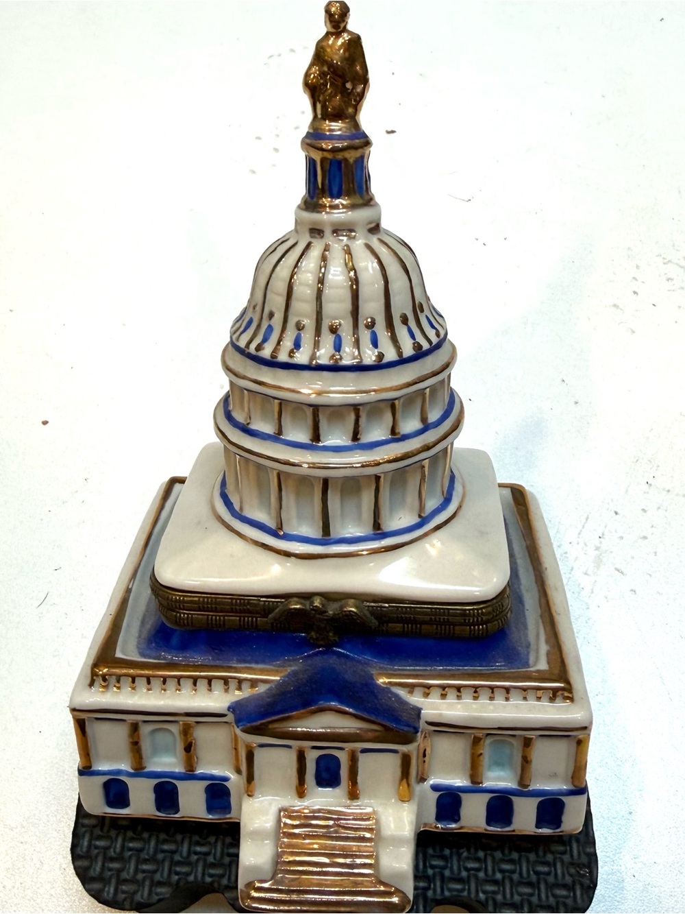 Decorative Ceramic Capitol Building Jewelry Box - White & Blue with Gold Accents